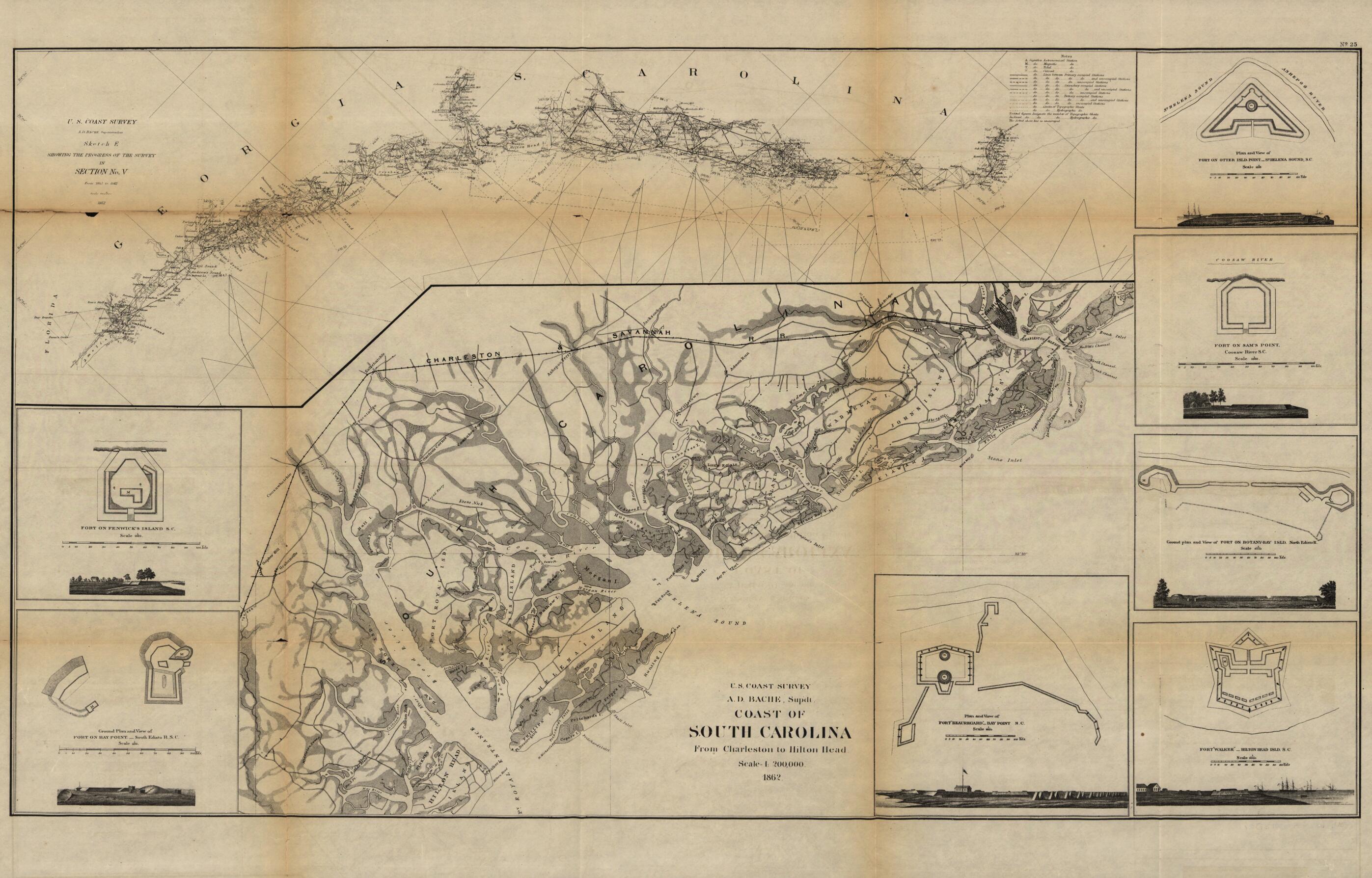 This old map of Coast of South Carolina from Charleston to Hilton Head from 1862 was created by  United States Coast Survey in 1862