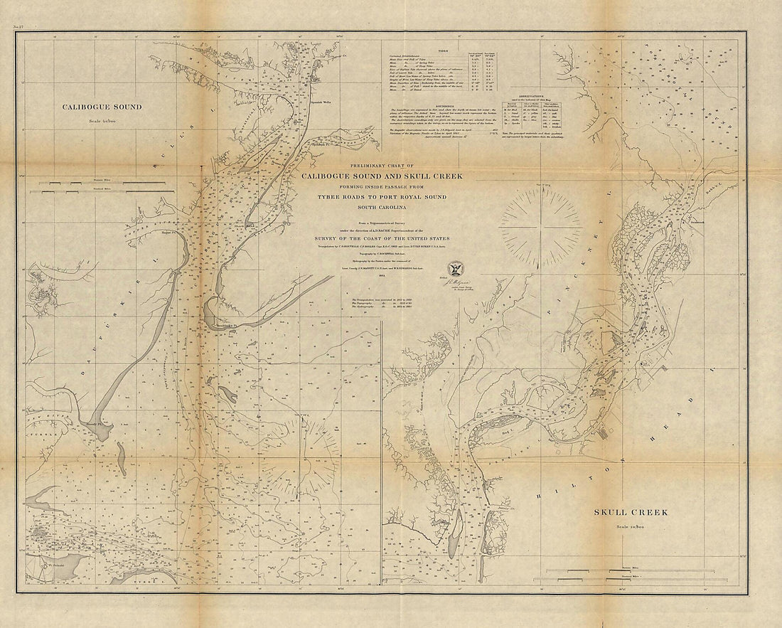This old map of Preliminary Chart of Calibogue Sound and Skull Creek Forming Inside Passage from Tybee Roads to Port Royal Sound, South Carolina from 1862 was created by  United States Coast Survey in 1862