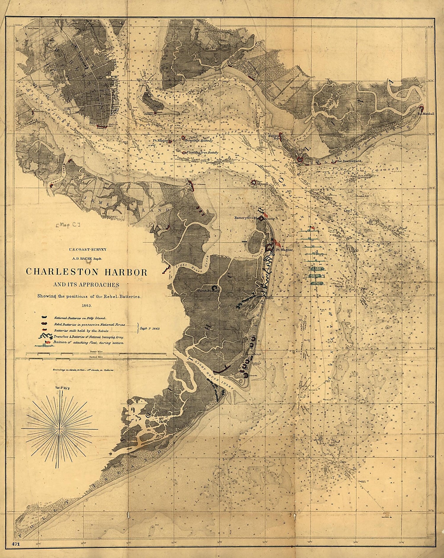 This old map of Charleston Harbor and Its Approaches Showing the Positions of the Rebel Batteries from 1863 was created by  United States Coast Survey in 1863