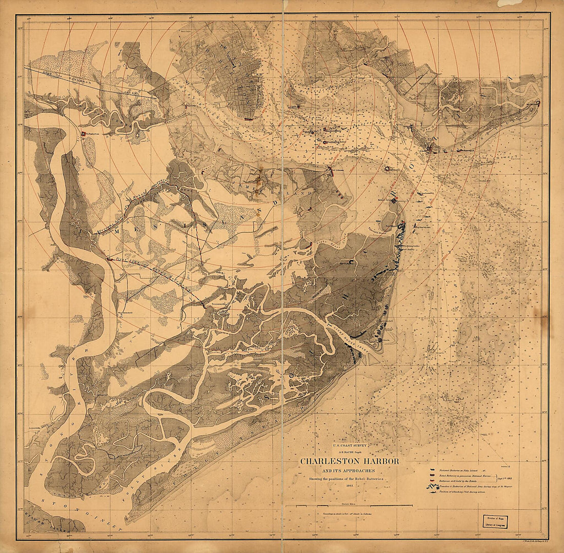 This old map of Charleston Harbor and Its Approaches Showing the Positions of the Rebel Batteries from 1863 was created by  United States Coast Survey in 1863