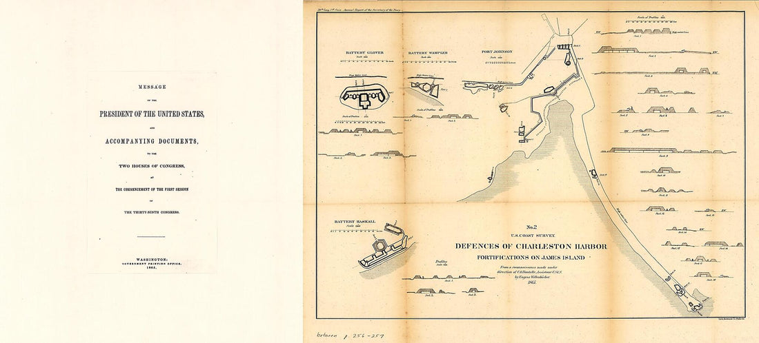 This old map of Defences of Charleston Harbor. Fortifications On James Island from 1865 was created by Eugene Willenbücher in 1865