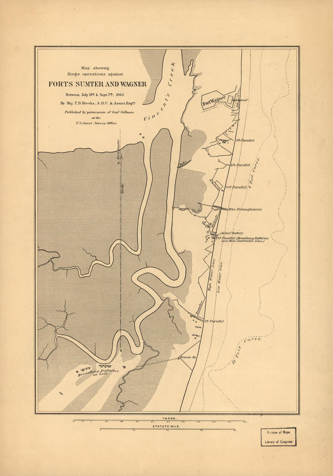 This old map of Map Showing Siege Operations Against Forts Sumter and Wagner, Between July 13th & Sept. 7th, from 1863, Maj. T. B. Brooks, A.D.C. & Assist. Engrs. Published by Permission of Genl. Gillmore at the U.S. Coast Survey Office was created by T. B. (Thomas Benton) Brooks in 1863