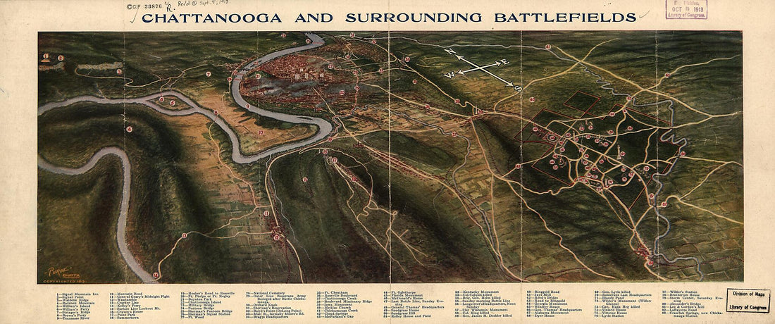 This old map of Chattanooga and Surrounding Battlefields from 1913 was created by Reginald Purse in 1913