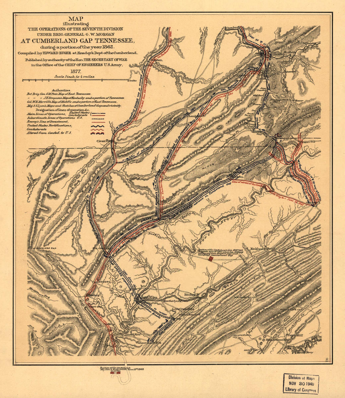 This old map of Map Illustrating the Operations of the Seventh Division Under Brig. General G. W. Morgan at Cumberland Gap, Tennessee, During a Portion of the Year 1862 from 1877 was created by Edward Ruger in 1877