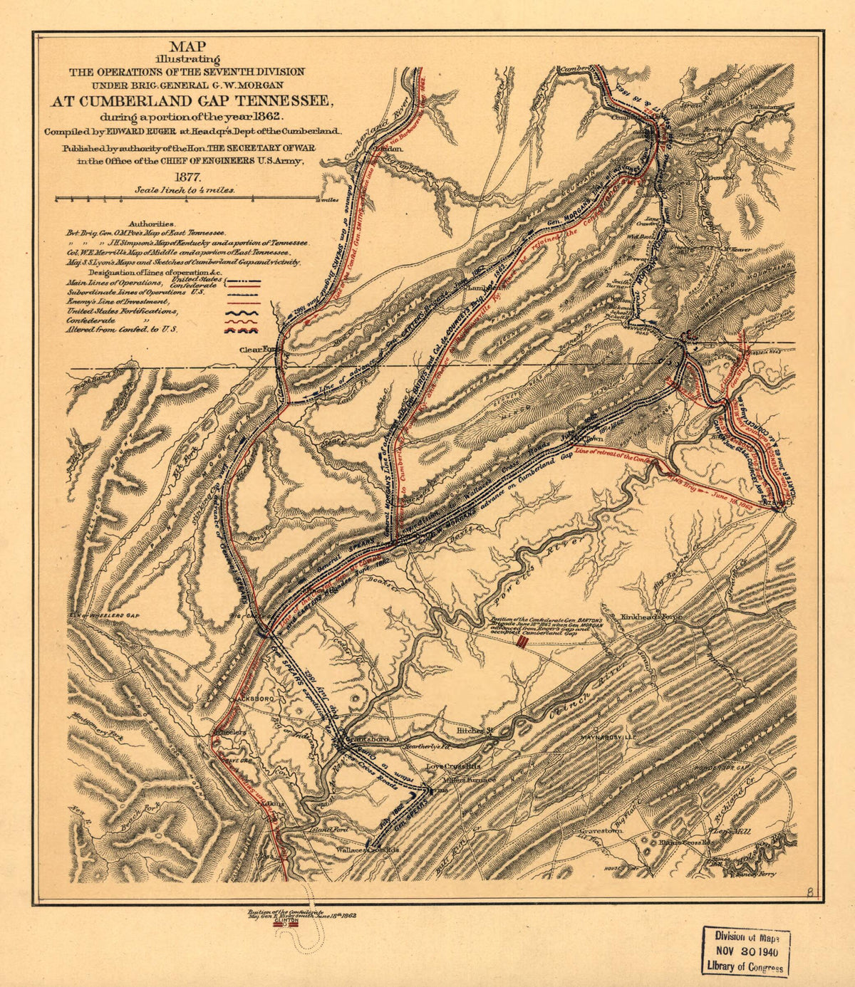 Map Illustrating the Operations of the Seventh Division Under Brig. General G. W. Morgan at Cumberland Gap, Tennessee, During a Portion of the Year 1862 1877 by Relic Map Company