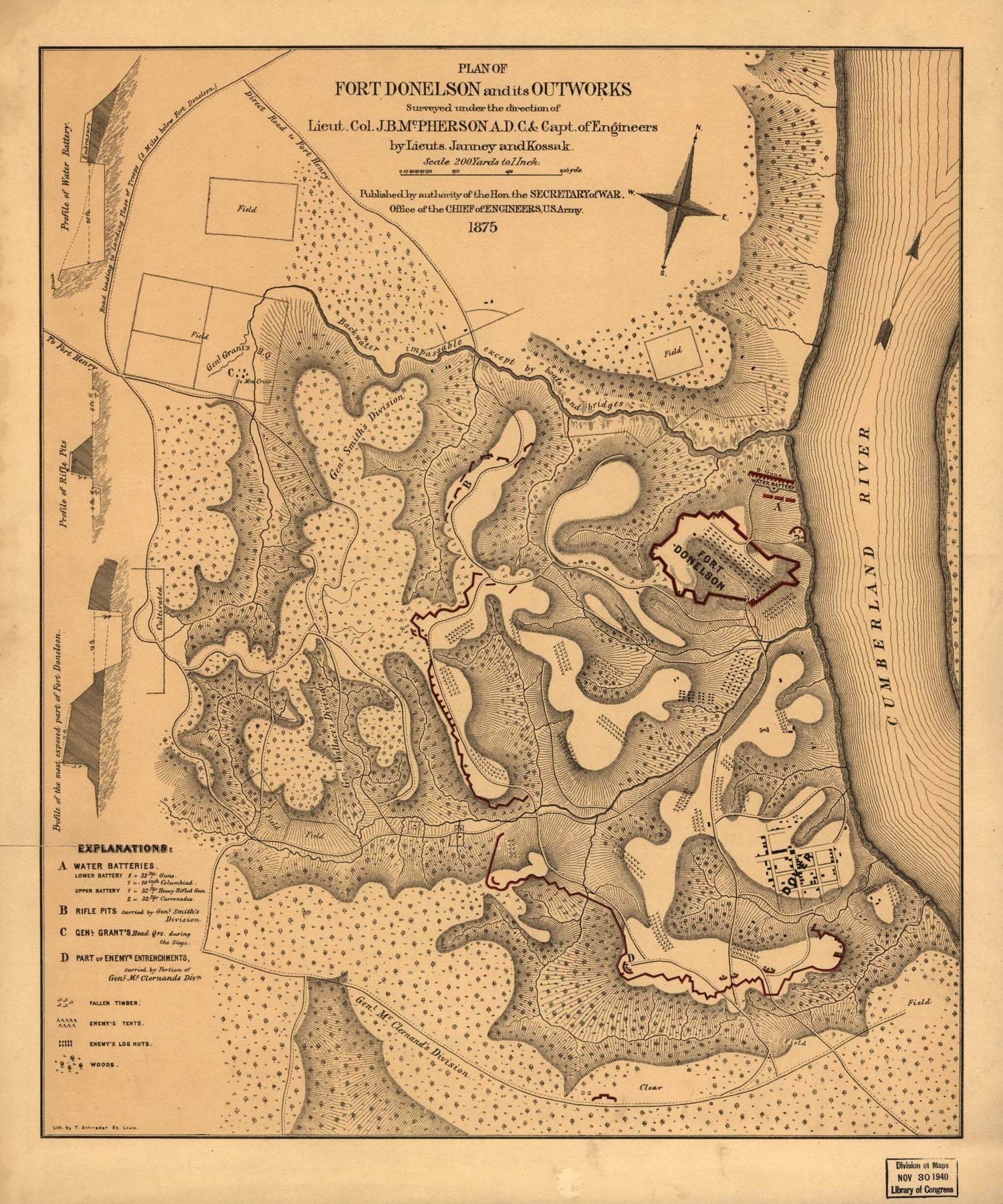 This old map of Plan of Fort Donelson and Its Outworks. Feb. 1862 from 1875 was created by James Birdseye McPherson in 1875