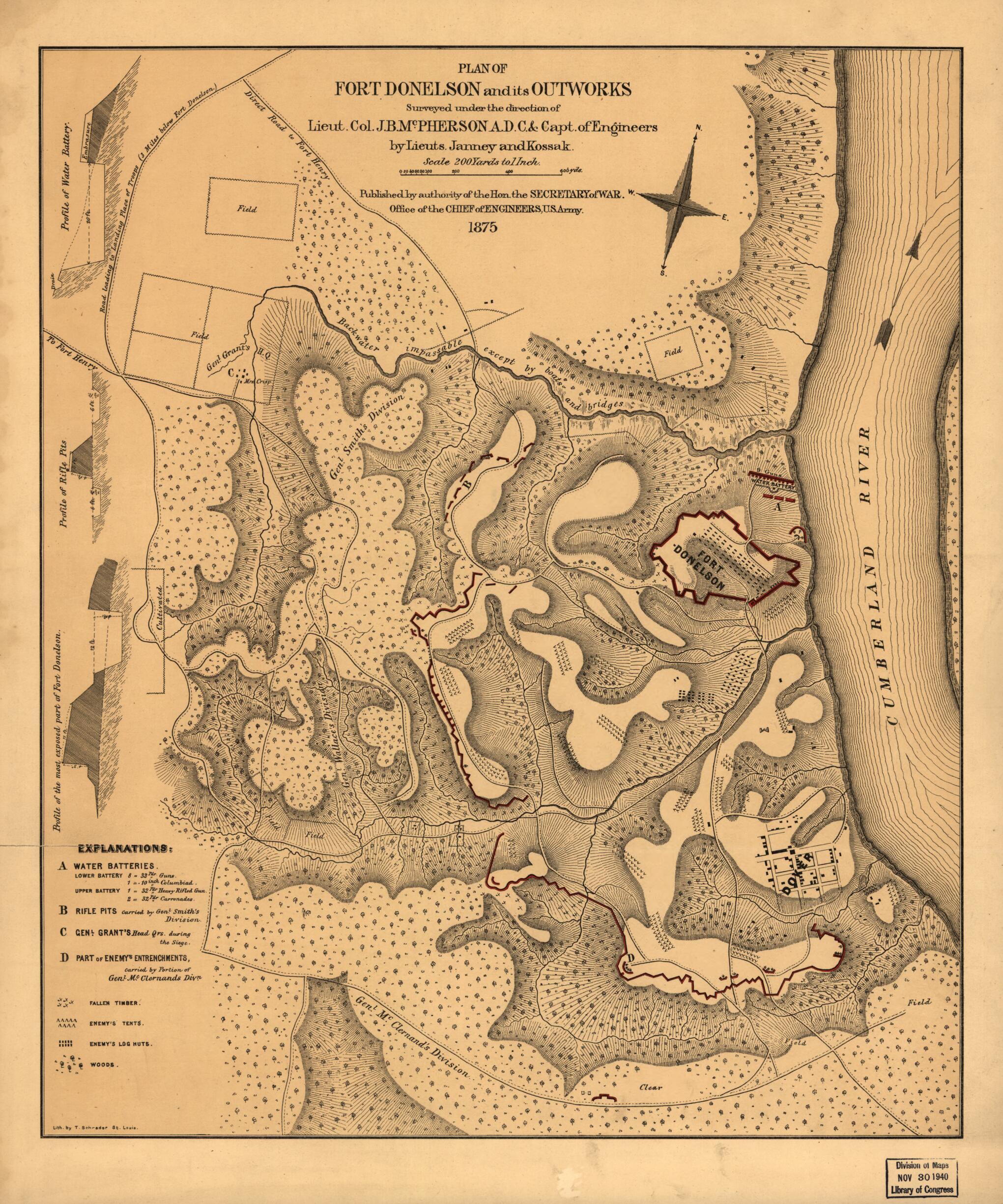 This old map of Plan of Fort Donelson and Its Outworks. Feb. 1862 from 1875 was created by James Birdseye McPherson in 1875