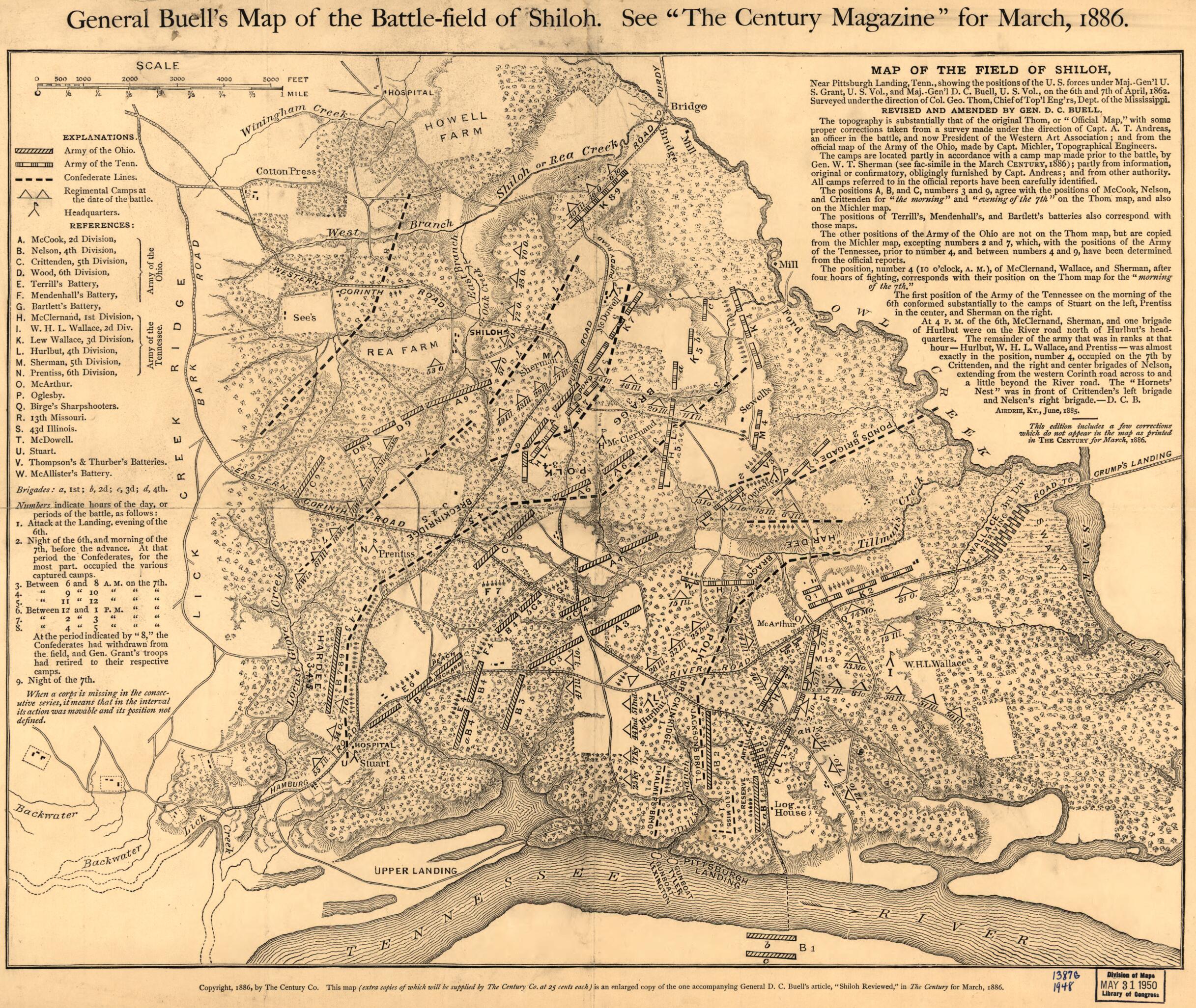 This old map of Field of Shiloh. April 6-7, 1862 from 1886 was created by Don Carlos Buell in 1886