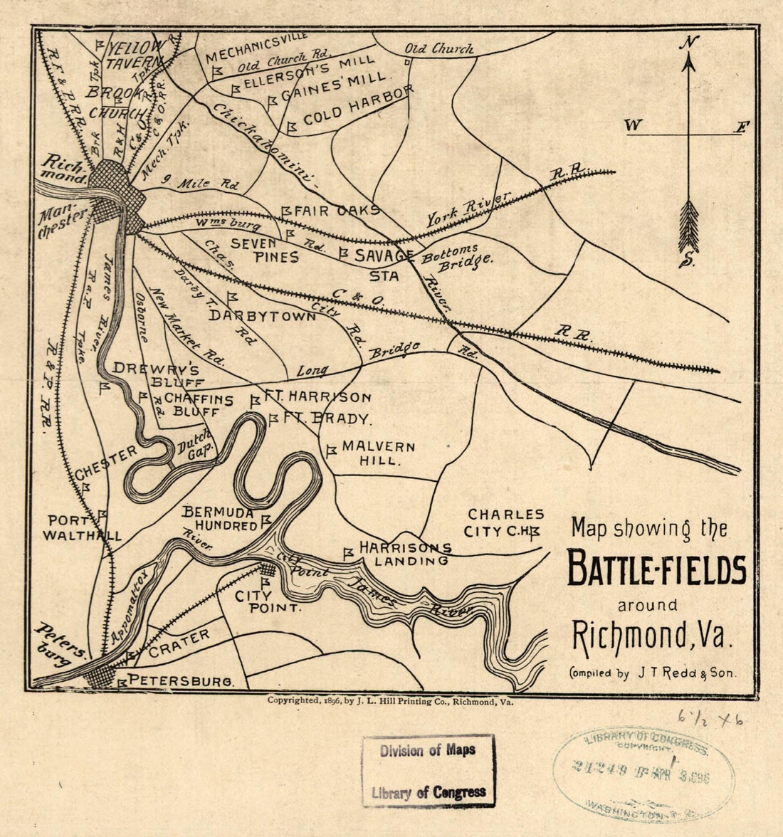 This old map of Fields Around Richmond, Va from 1896 was created by  J. T. Redd &amp; Son in 1896