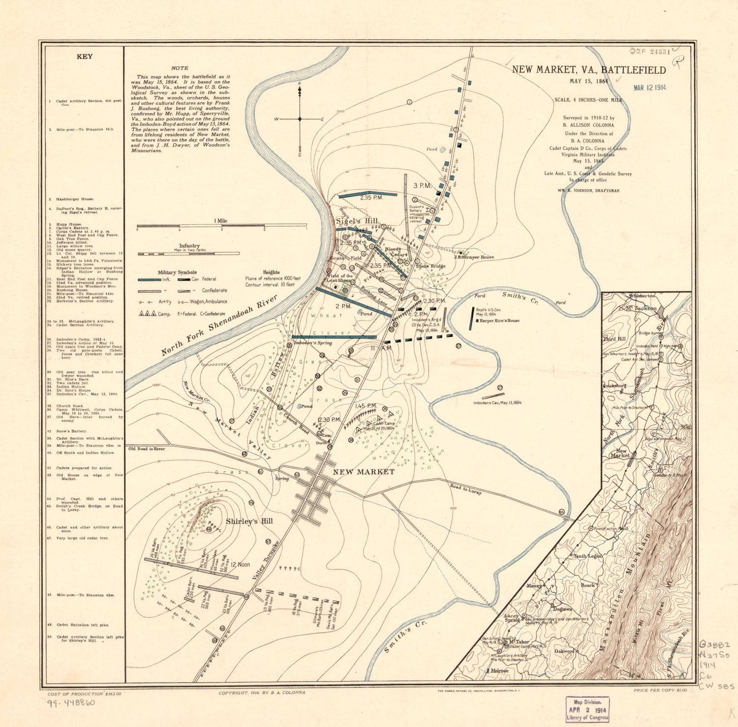 This old map of New Market, Va., Battlefield May 15, 1864 from 1914 was created by B. A. (Benjamin Allison) Colonna in 1914