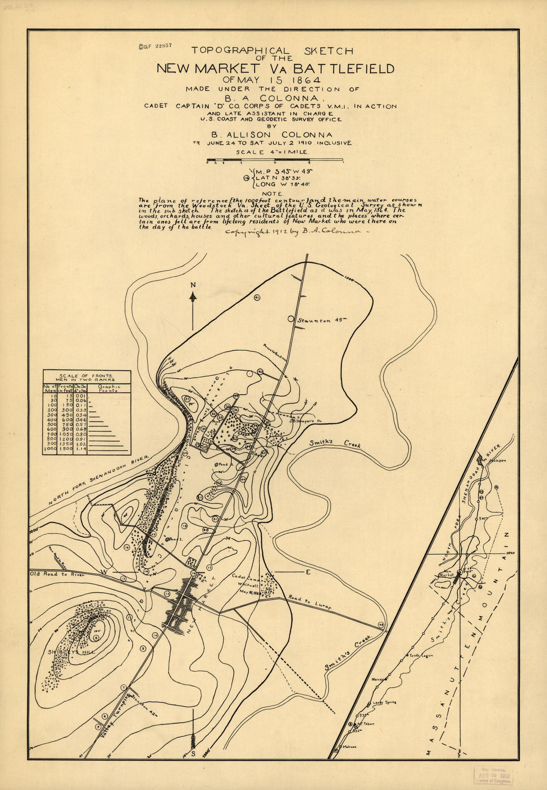 This old map of Topographical Sketch of the New Market, Va., Battlefield of May 15, 1864 from 1912 was created by B. A. (Benjamin Allison) Colonna in 1912