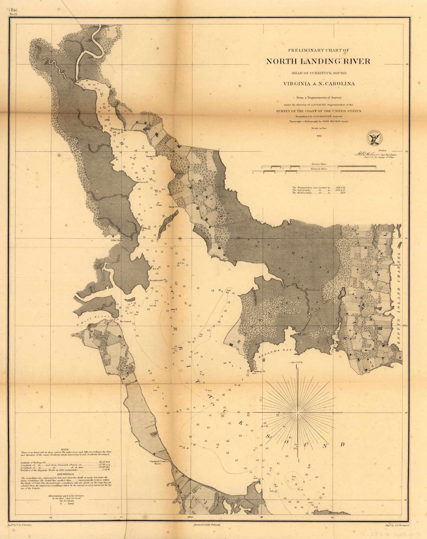 This old map of Preliminary Chart of North Landing River (head of Currituck Sound), Virginia &amp; N. Carolina from 1861 was created by  United States Coast Survey in 1861