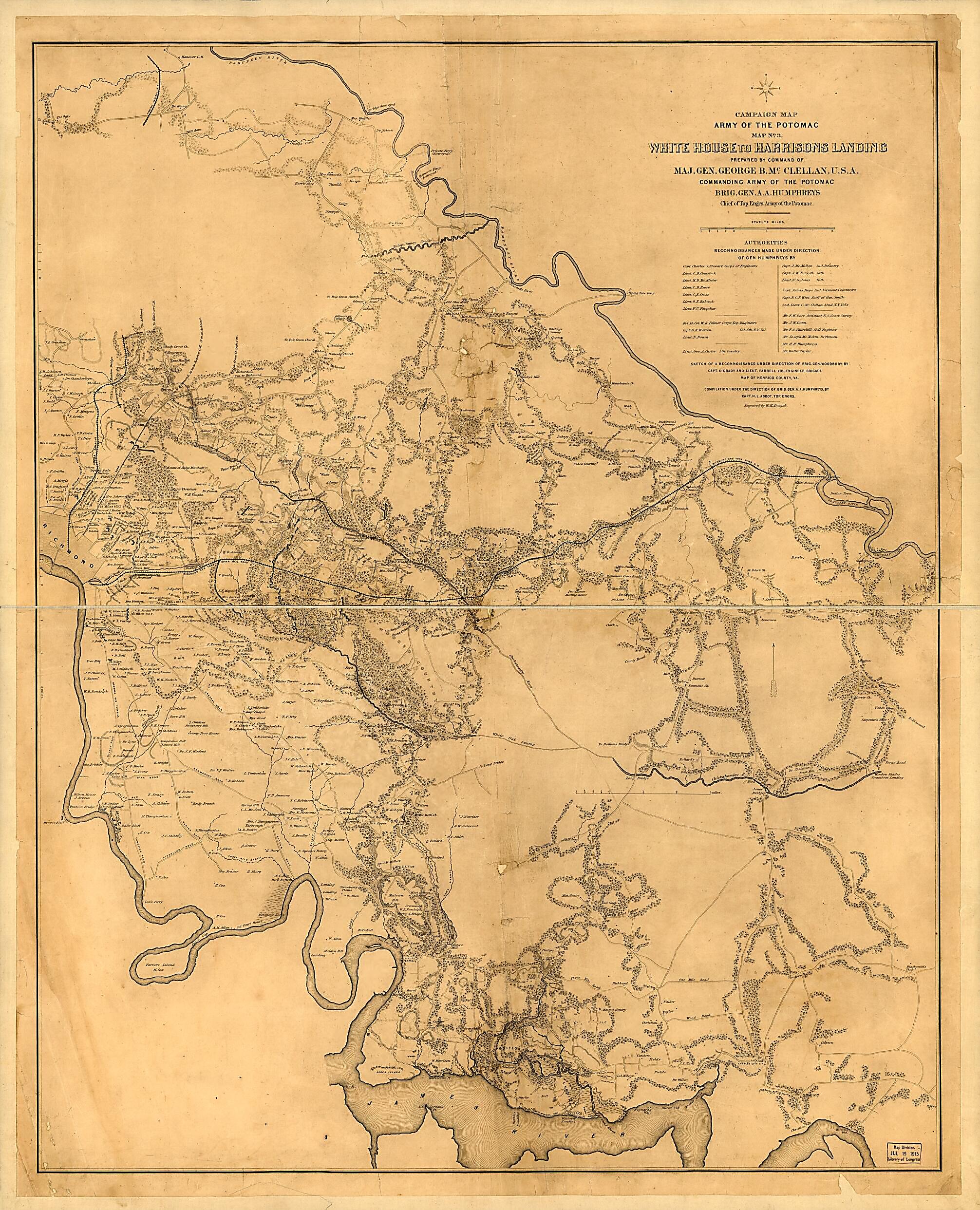 This old map of White House to Harrisons Landing from 1862 was created by Henry L. Abbot in 1862