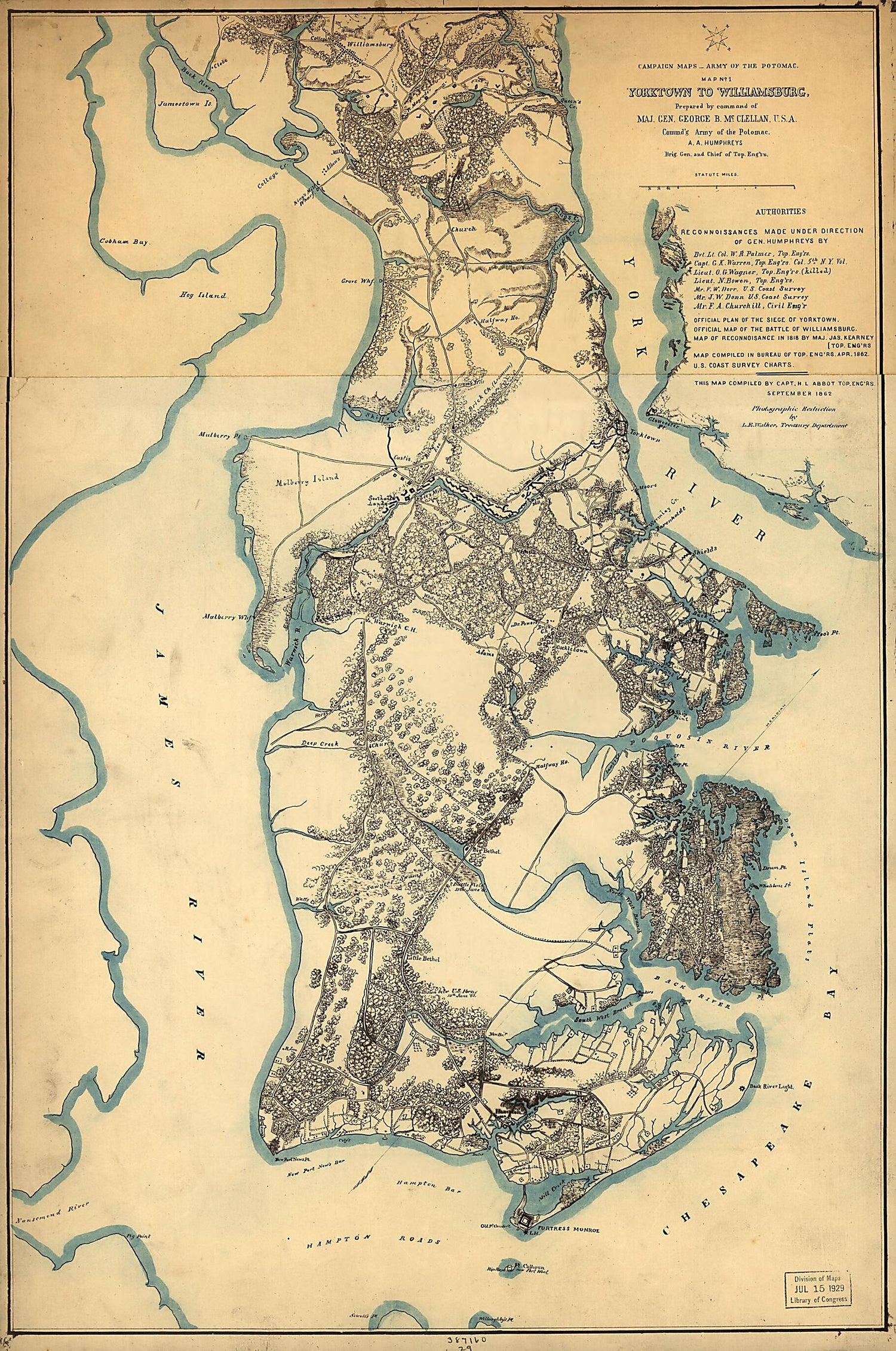 This old map of Yorktown to Williamsburg from 1862 was created by Henry L. Abbot in 1862