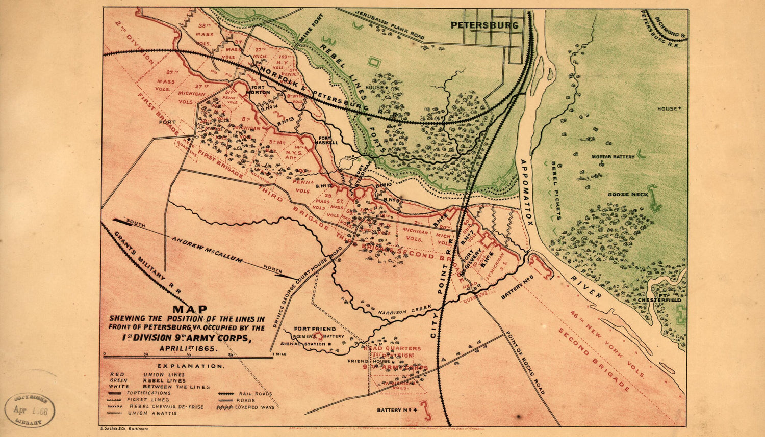 This old map of Map Shewing the Position of the Lines In Front of Petersburg, Va., Occupied by the 1st Division, 9th Army Corps, April 1st from 1865 was created by Andrew McCallum in 1865