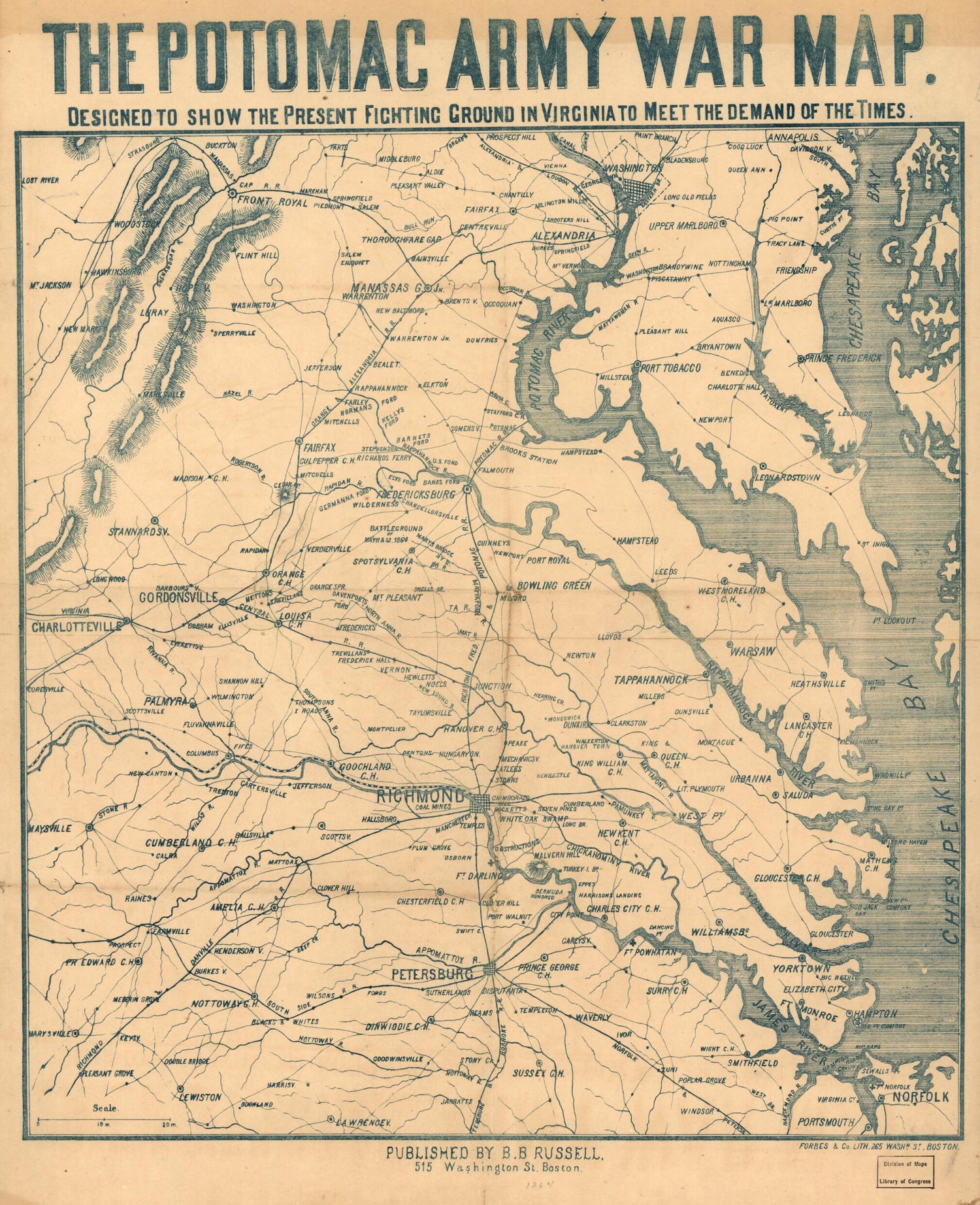This old map of The Potomac Army War Map. Designed to Show the Present Fighting Ground In Virginia to Meet the Demand of the Times from 1864 was created by B. B. (Benjamin B.) Russell in 1864