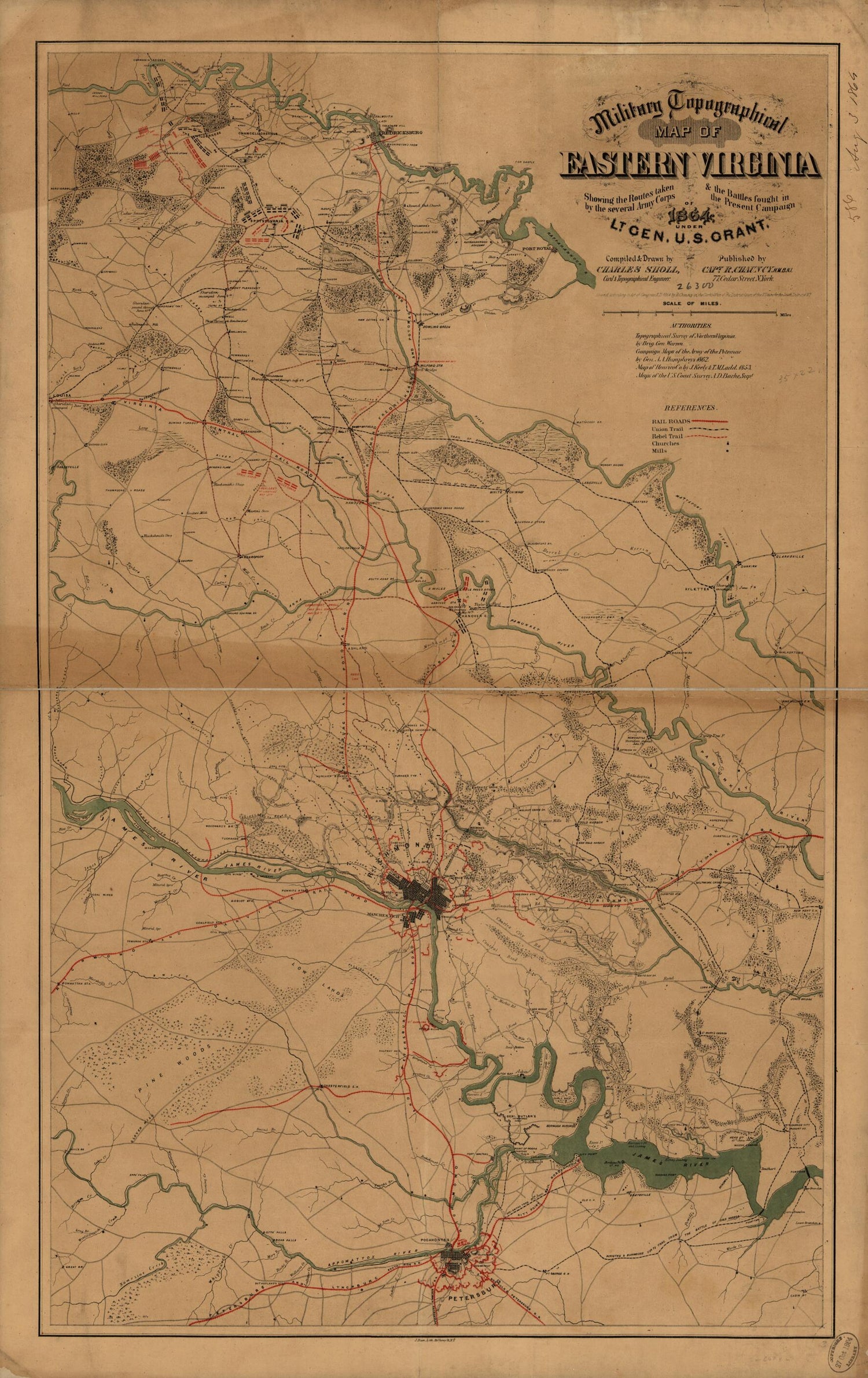 This old map of Military Topographical Map of Eastern Virginia Showing the Routes Taken by the Several Army Corps &amp; the Battles Fought In the Present Campaign of from 1864 Under Lt. Gen. U. S. Grant was created by Charles Sholl in 1864