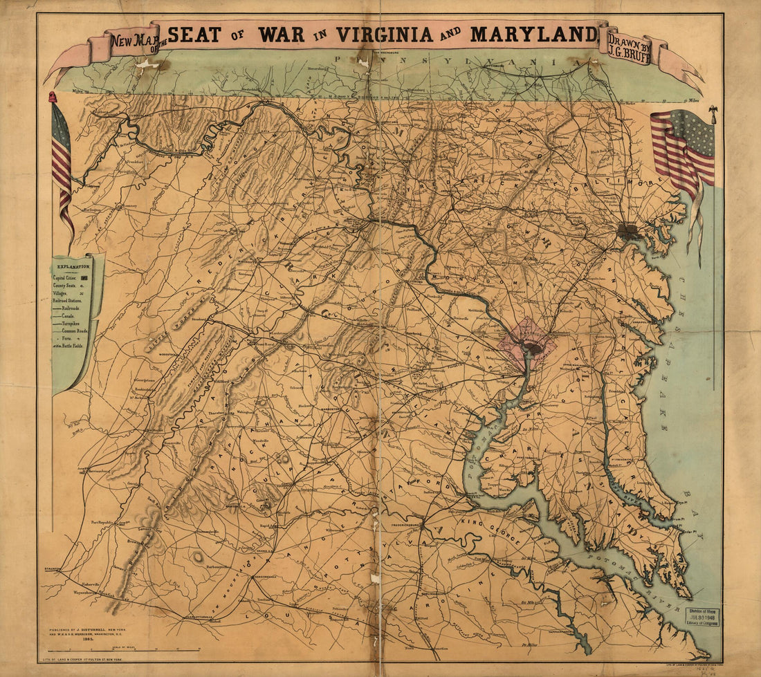 This old map of New Map of the Seat of War In Virginia and Maryland from 1863 was created by Joseph Goldsborough Bruff in 1863