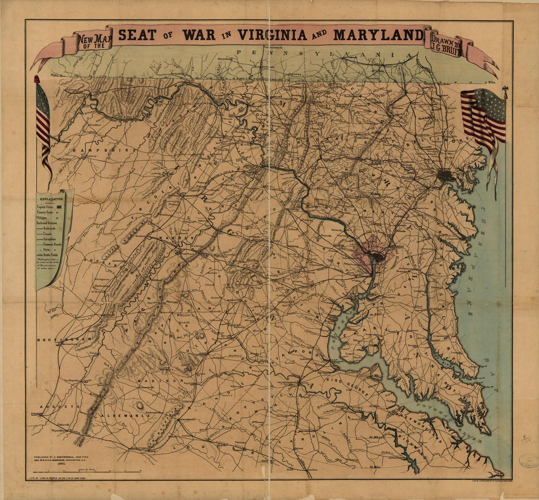 This old map of New Map of the Seat of War In Virginia and Maryland from 1863 was created by Joseph Goldsborough Bruff in 1863