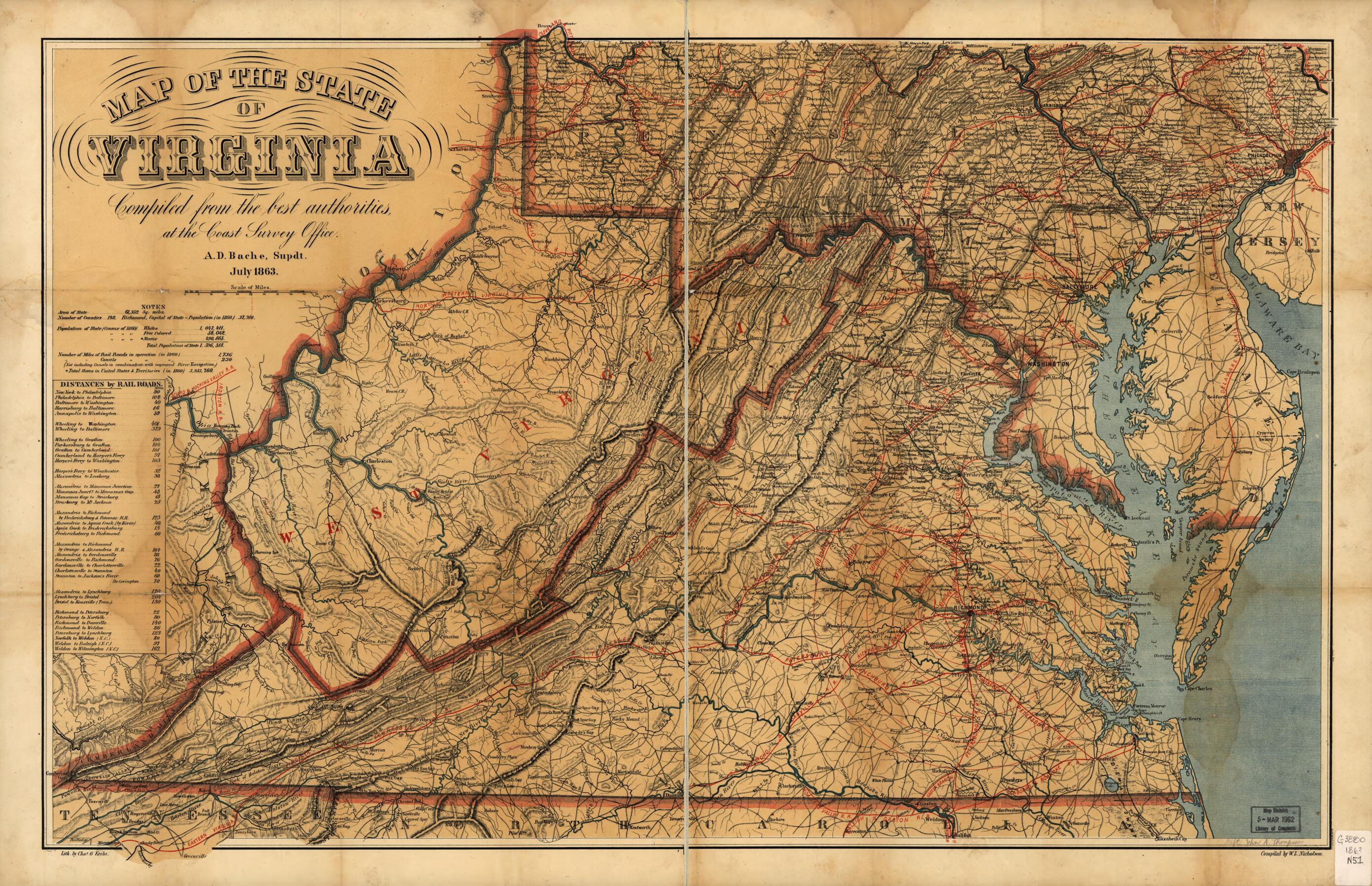 This old map of Map of the State of Virginia from 1863 was created by W. L. Nicholson in 1863