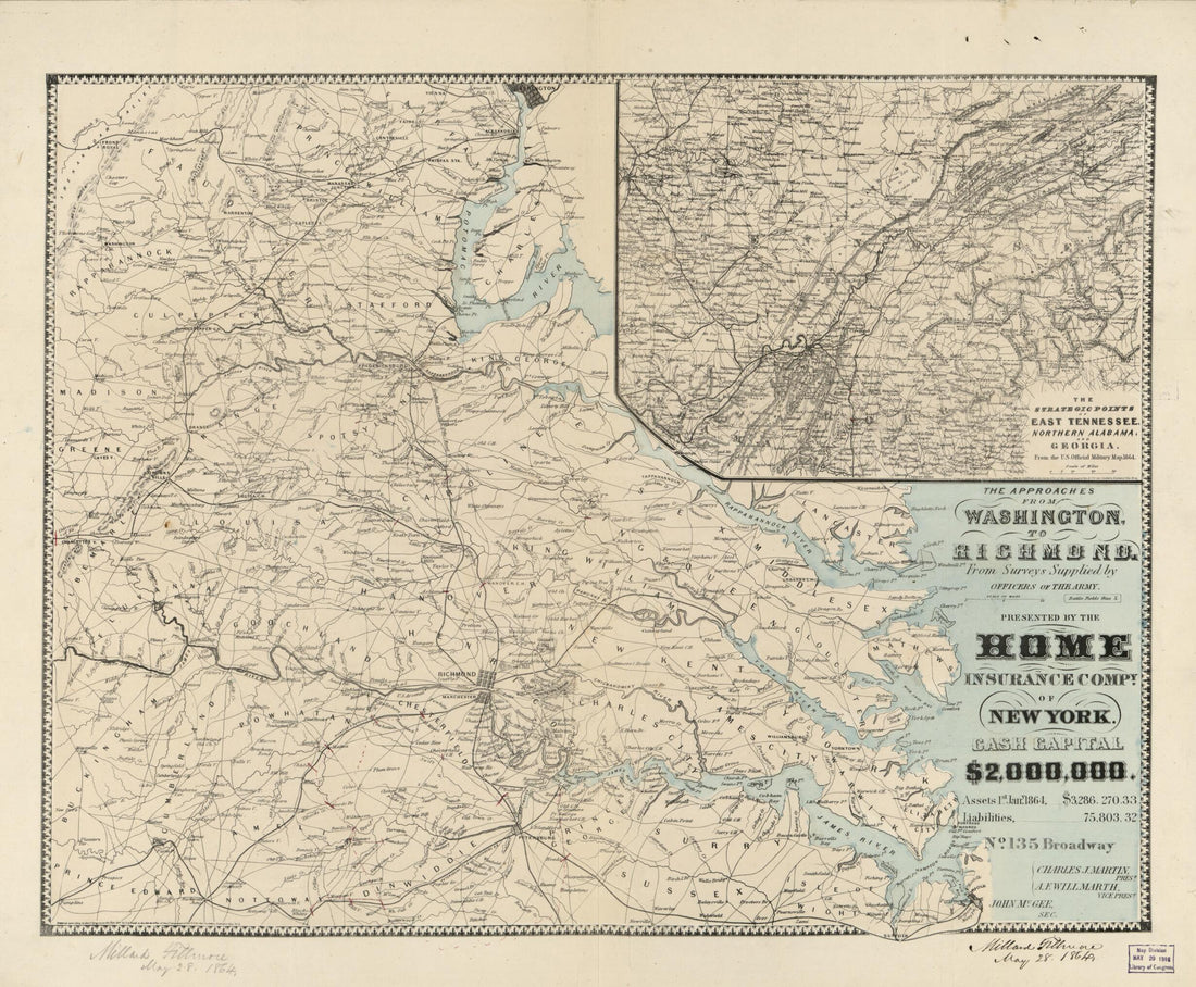 This old map of The Approaches from Washington, to Richmond from 1864 was created by D. A. (Daniel Addison) Heald in 1864