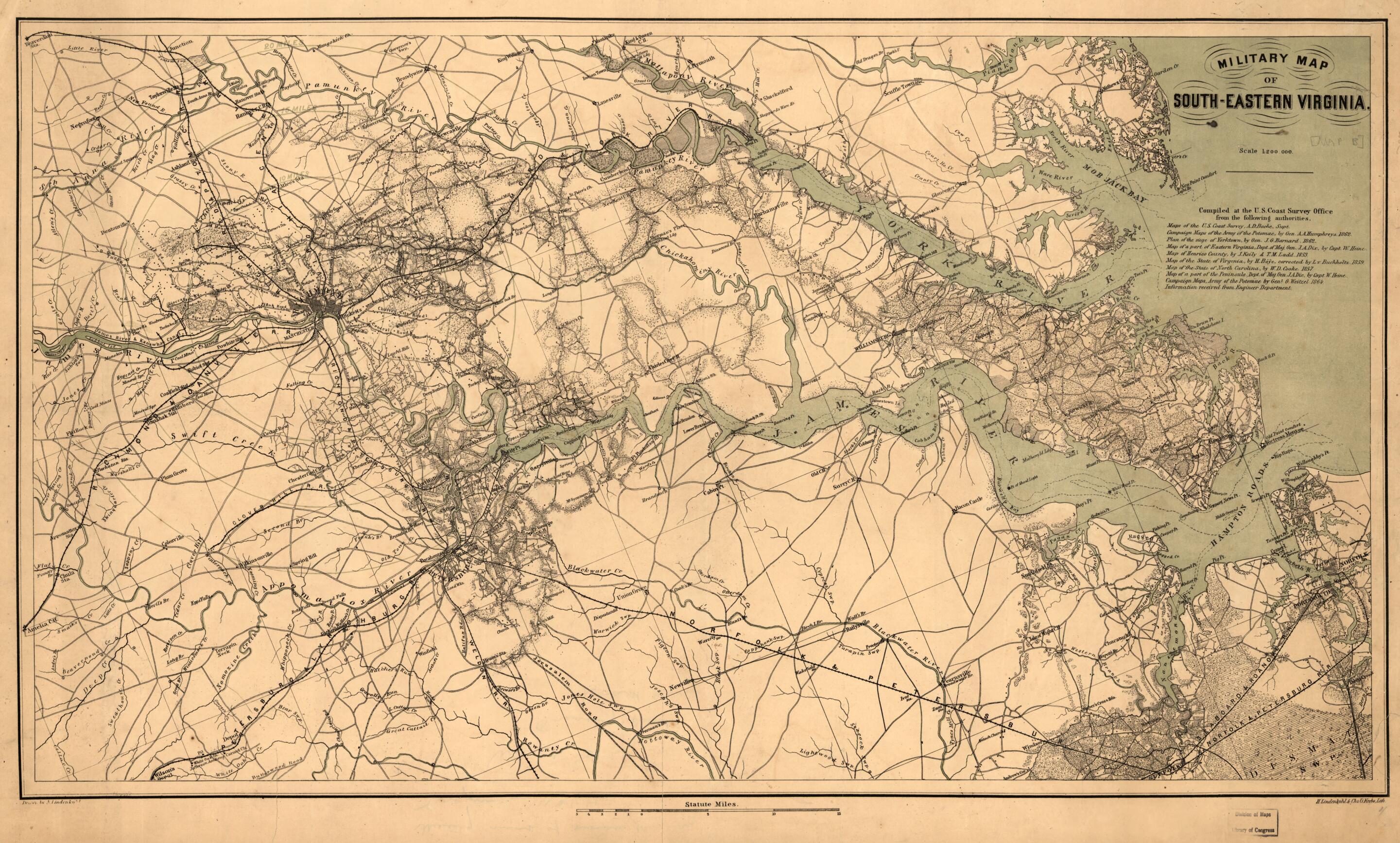 This old map of Eastern Virginia from 1864 was created by A. Lindenkohl in 1864