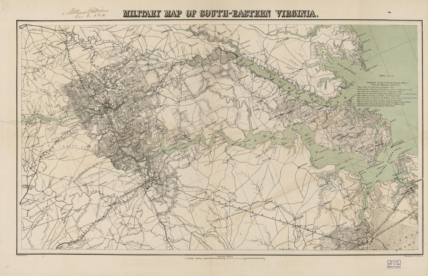 This old map of Eastern Virginia from 1864 was created by Millard Fillmore, A. Lindenkohl in 1864