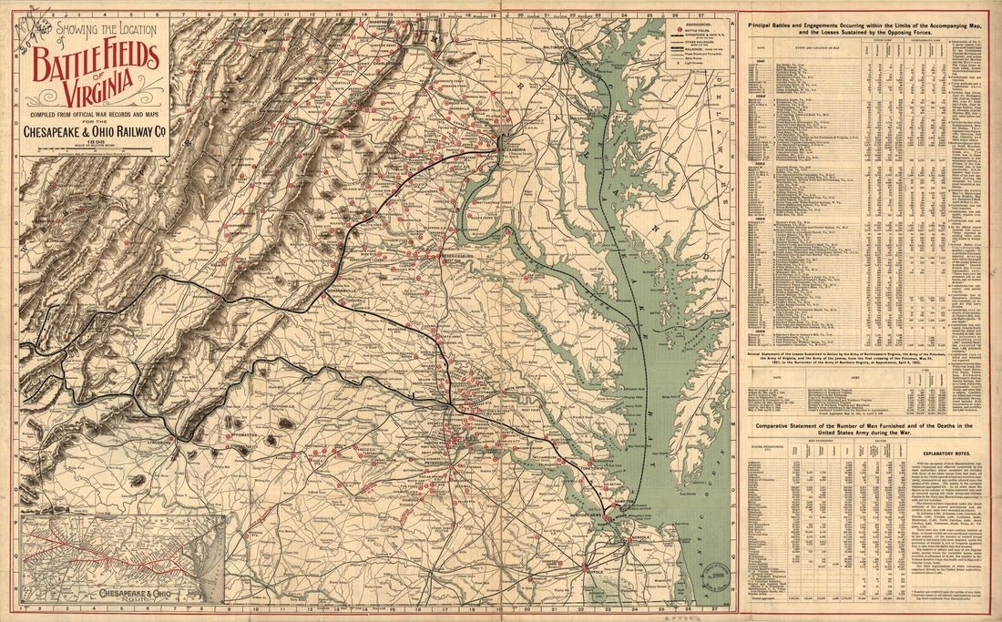 This old map of Map Showing the Location of Battle Fields of Virginia from 1898 was created by  Chesapeake and Ohio Railway Company in 1898