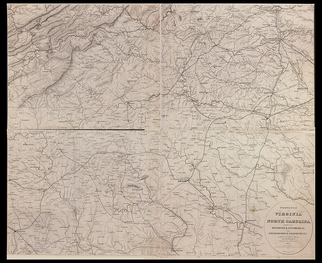 This old map of Portions of Virginia and North Carolina, Embracing Richmond &amp; Lynchburg, Va. and Goldsboro &amp; Salisbury, N.C from 1864 was created by Millard Fillmore,  United States. War Department. Engineer Bureau in 1864