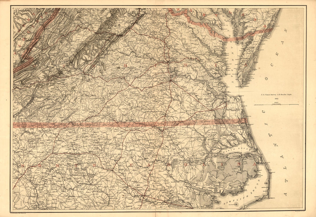 This old map of Southern Virginia and Northern North Carolina from 1865 was created by A. Lindenkohl in 1865