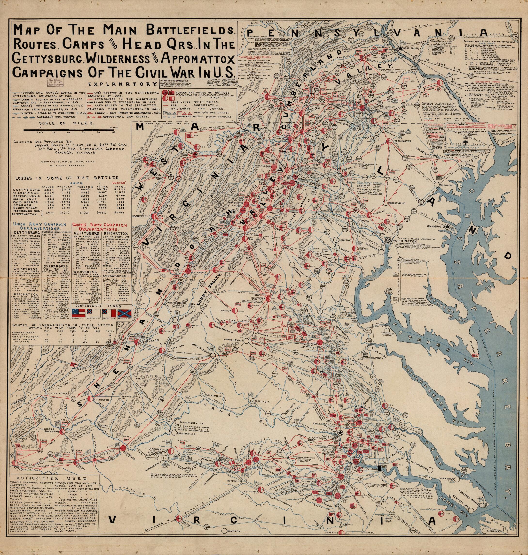 This old map of Map of the Main Battlefields, Routes, Camps and Head Qrs., In the Gettysburg, Wilderness and Appomattox Campaigns of the Civil War In U.S from 1900 was created by Joshua Smith in 1900