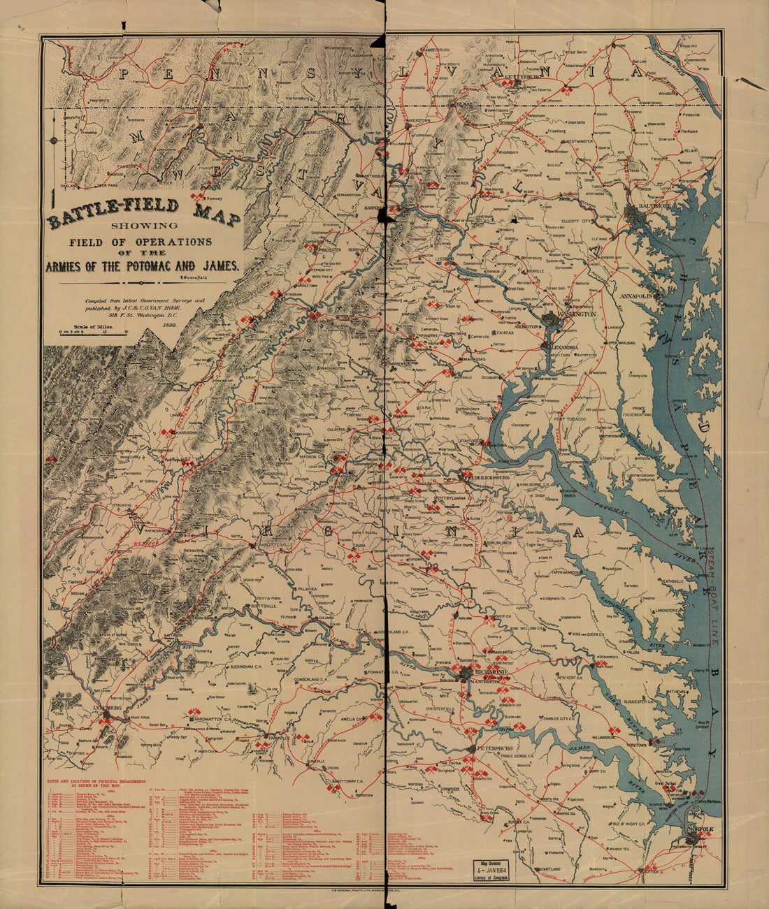 This old map of Field Map Showing Field of Operations of the Armies of the Potomac and James from 1892 was created by C. G. Van Hook, J. C. Van Hook in 1892