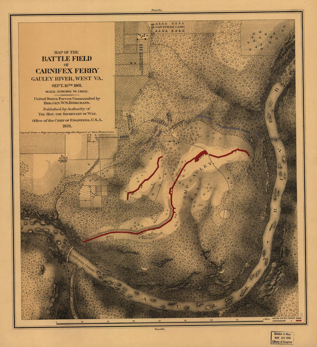 This old map of Map of the Battle Field of Carnifex Ferry, Gauley River, West Va., Sept. 10th 1861. United States Forces Commanded by Brig. Gen. W. S. Rosecrans from 1876 was created by  United States. Army. Corps of Engineers in 1876