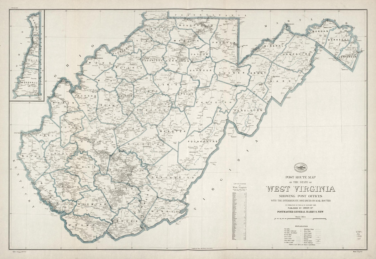 Post Route Map of the State of West Virginia : Showing Post Offices With the Intermediate Distances On Mail Routes In Operation On the 1st of January in 1928 by Relic Map Company