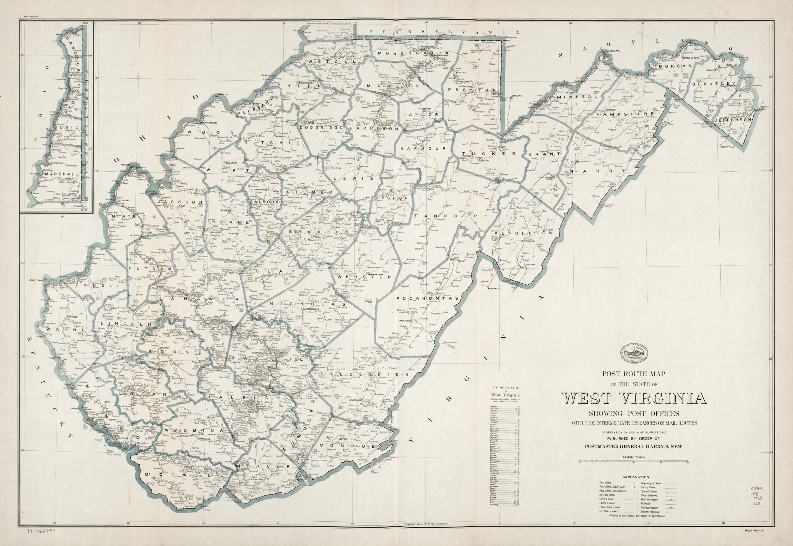 This old map of Post Route Map of the State of West Virginia : Showing Post Offices With the Intermediate Distances On Mail Routes In Operation On the 1st of January from 1928 (West Virginia) was created by  United States. Post Office Department in 1928