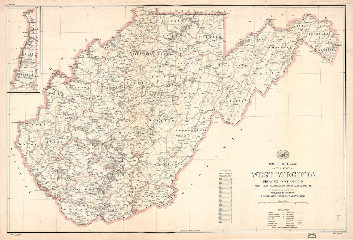 Post Route Map of the State of West Virginia : Showing Post Offices With the Intermediate Distances On Mail Routes In Operation On the 1st of January 1924 (West Virginia) by Relic Map Company