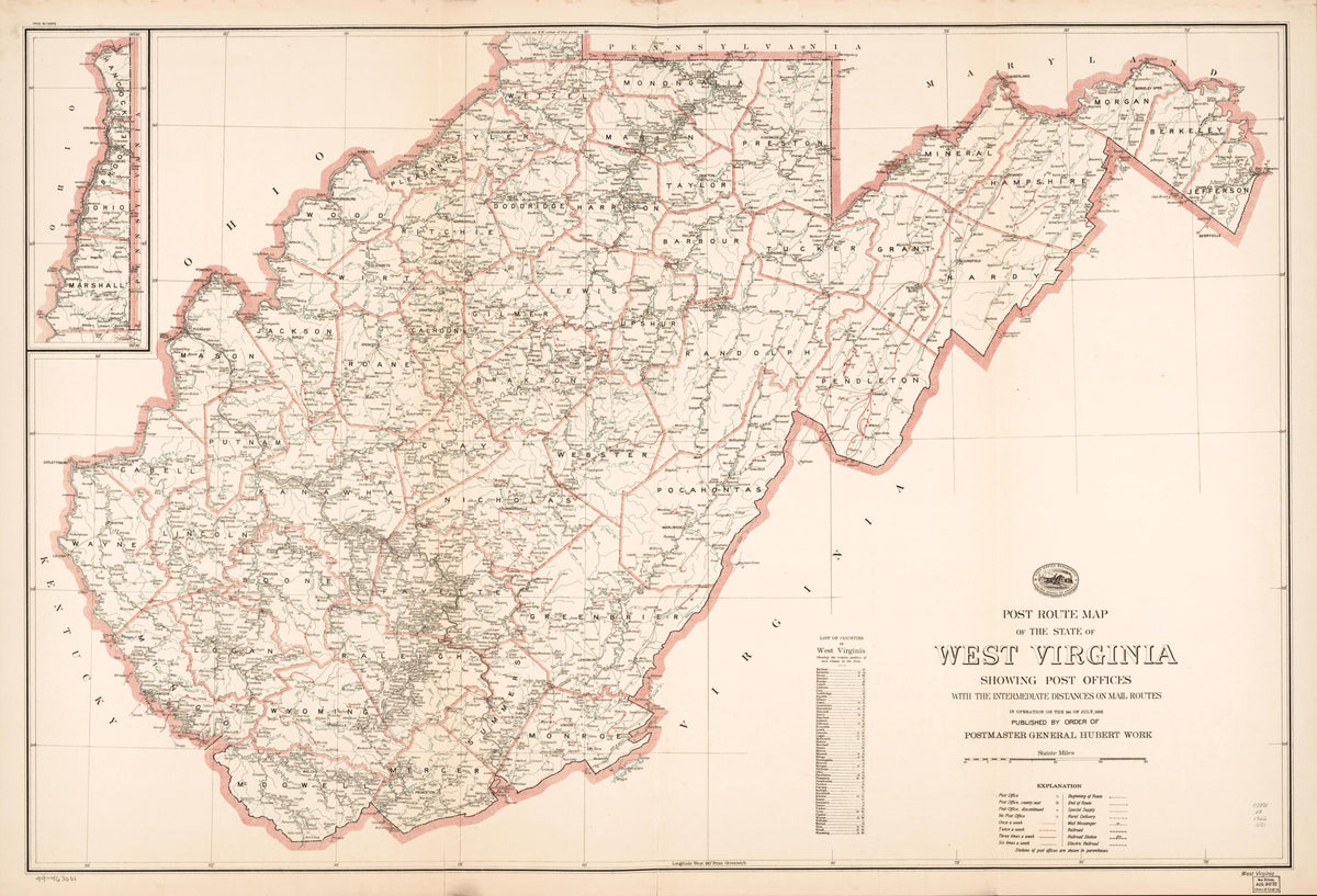 Post Route Map of the State of West Virginia : Showing Post Offices With the Intermediate Distances On Mail Routes In Operation On the 1st of July in 1922 by Relic Map Company