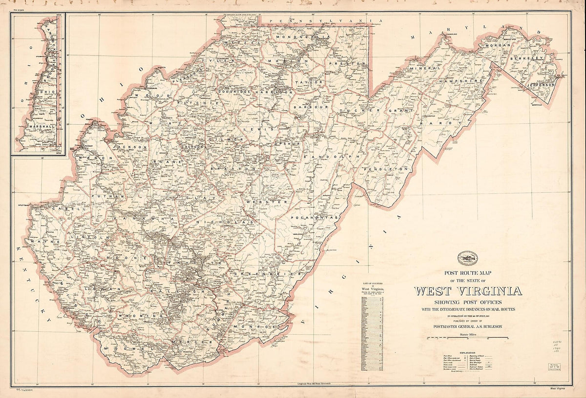 Post Route Map of the State of West Virginia : Showing Post Offices With the Intermediate Distances On Mail Routes In Operation On the 1st of July 1920 (West Virginia) by Relic Map Company