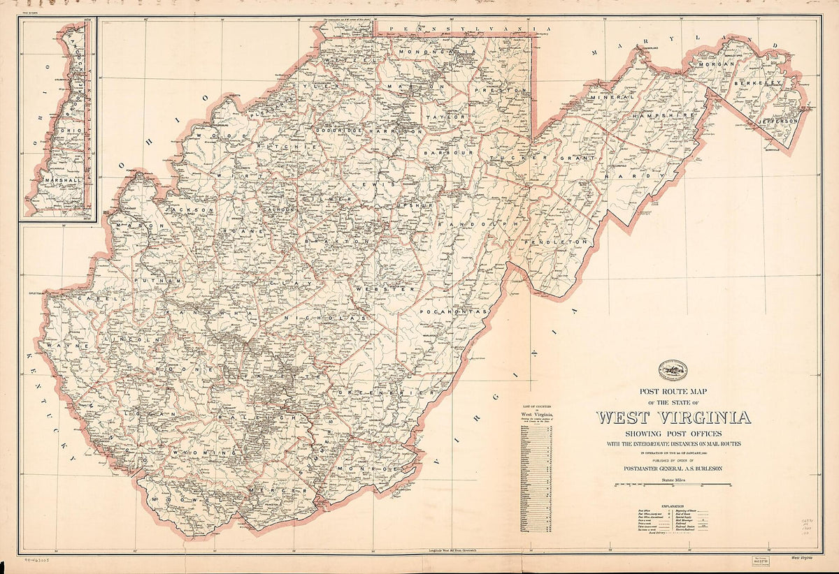 Post Route Map of the State of West Virginia : Showing Post Offices With the Intermediate Distances On Mail Routes In Operation On the 1st of January 1920 (West Virginia) by Relic Map Company