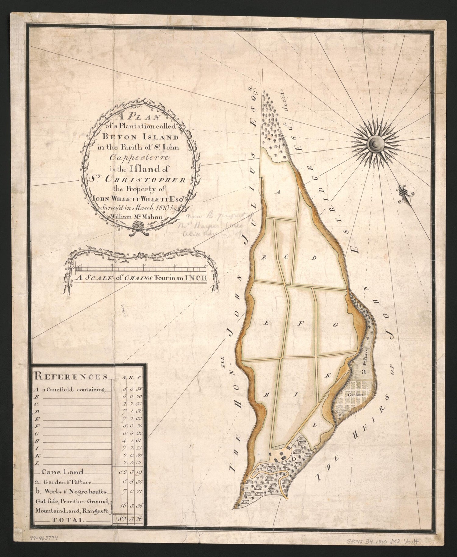 This old map of A Plan of a Plantation Called Bevon Island In the Parish of St. John Cappesterre In the Island of St. Christopher, the Property of John Willett Willett, Esqr from 1810 was created by William McMahon in 1810