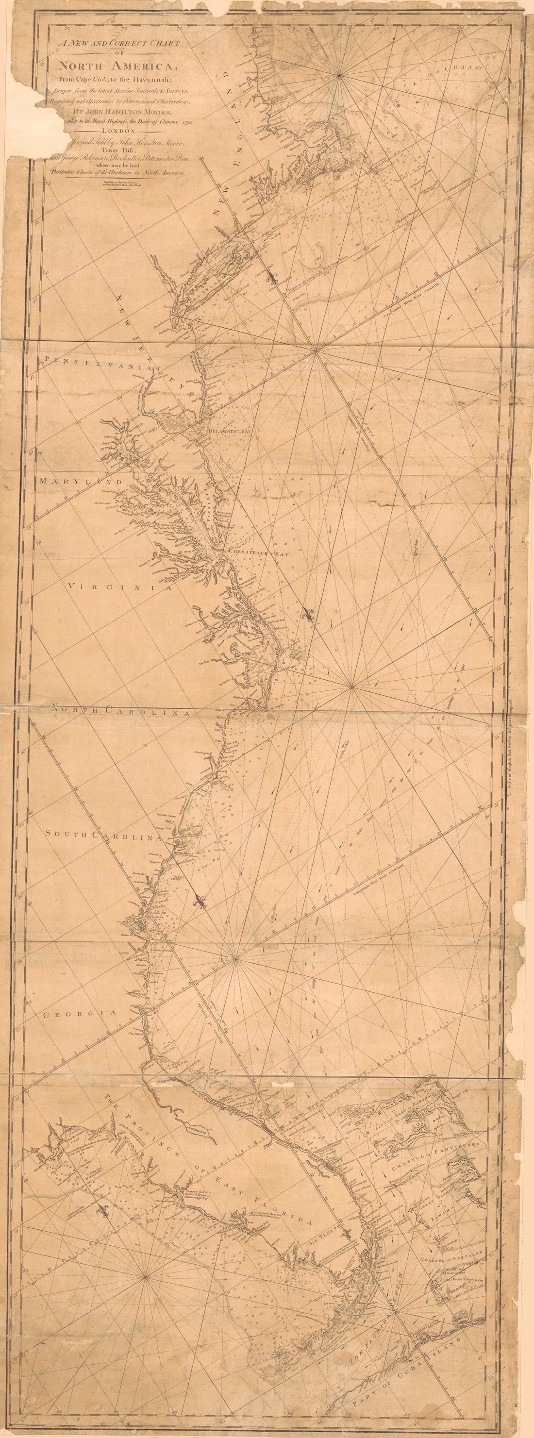 This old map of A New and Correct Chart of North America from Cape Cod to the Havannah from 1796 was created by John Hamilton Moore in 1796