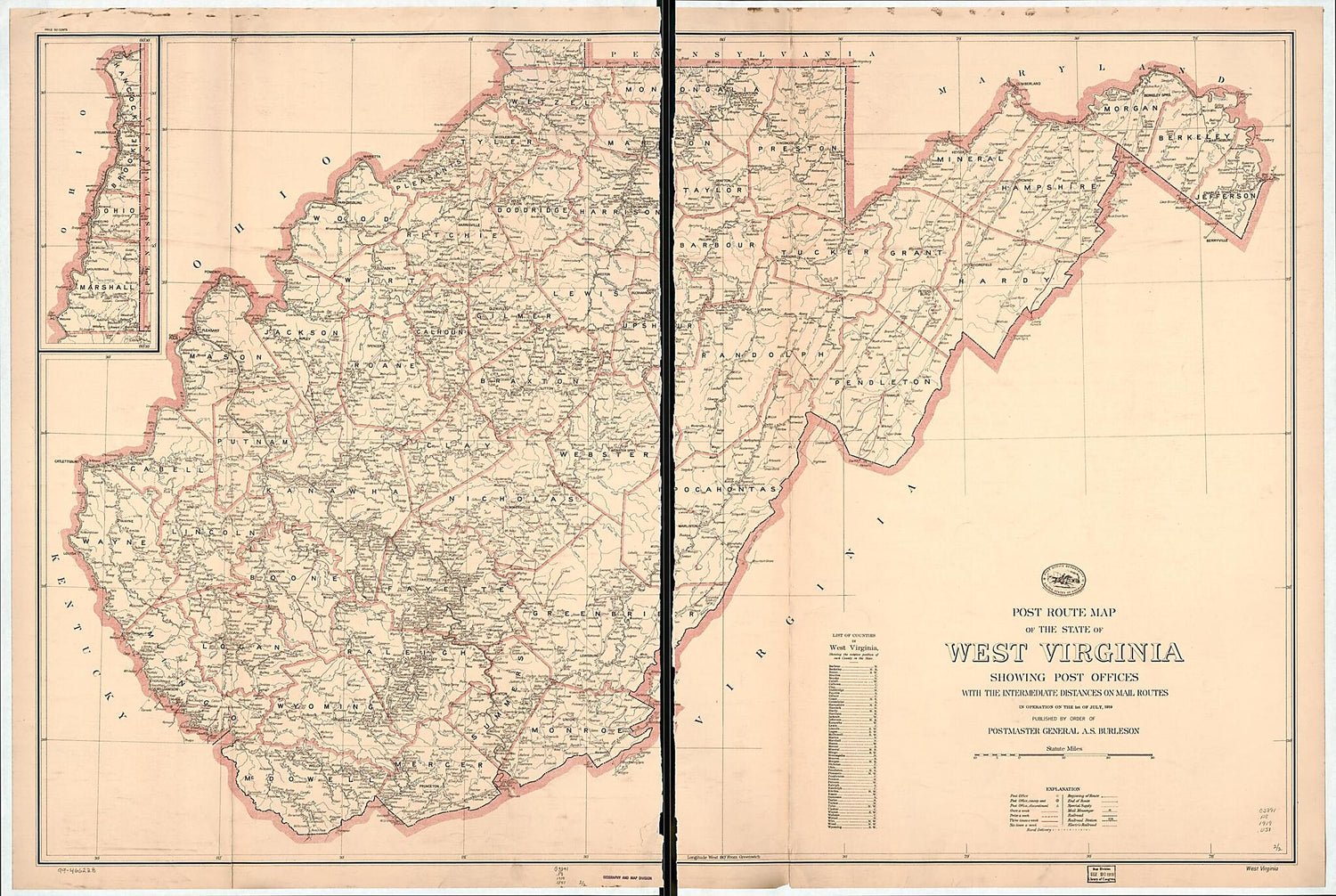 This old map of Post Route Map of the State of West Virginia : Showing Post Offices With the Intermediate Distances On Mail Routes In Operation On the 1st of July from 1919 (West Virginia) was created by  United States. Post Office Department in 1919