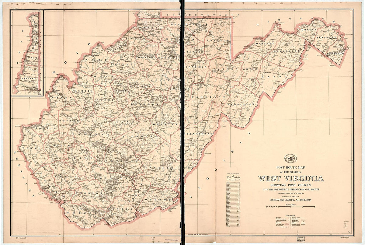 Post Route Map of the State of West Virginia : Showing Post Offices With the Intermediate Distances On Mail Routes In Operation On the 1st of July 1919 (West Virginia) by Relic Map Company