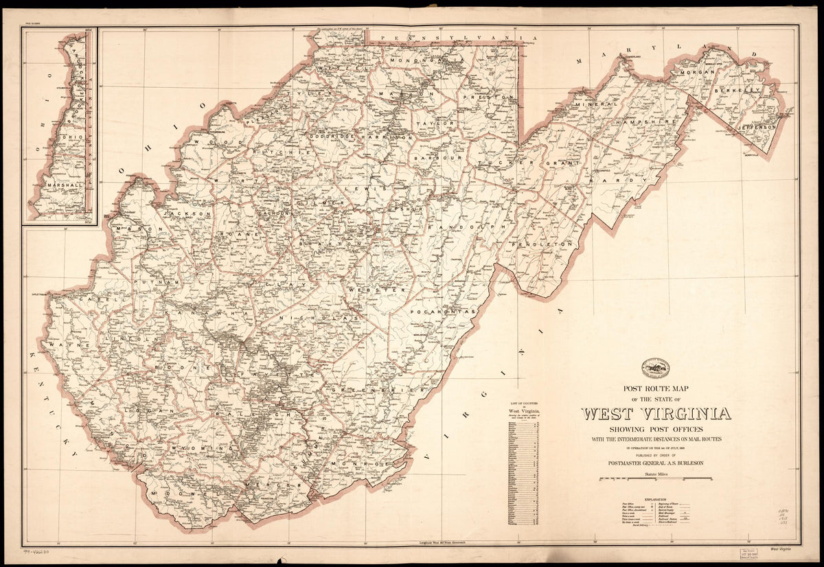 Post Route Map of the State of West Virginia : Showing Post Offices With the Intermediate Distances On Mail Routes In Operation On the 1st of July in 1918 by Relic Map Company