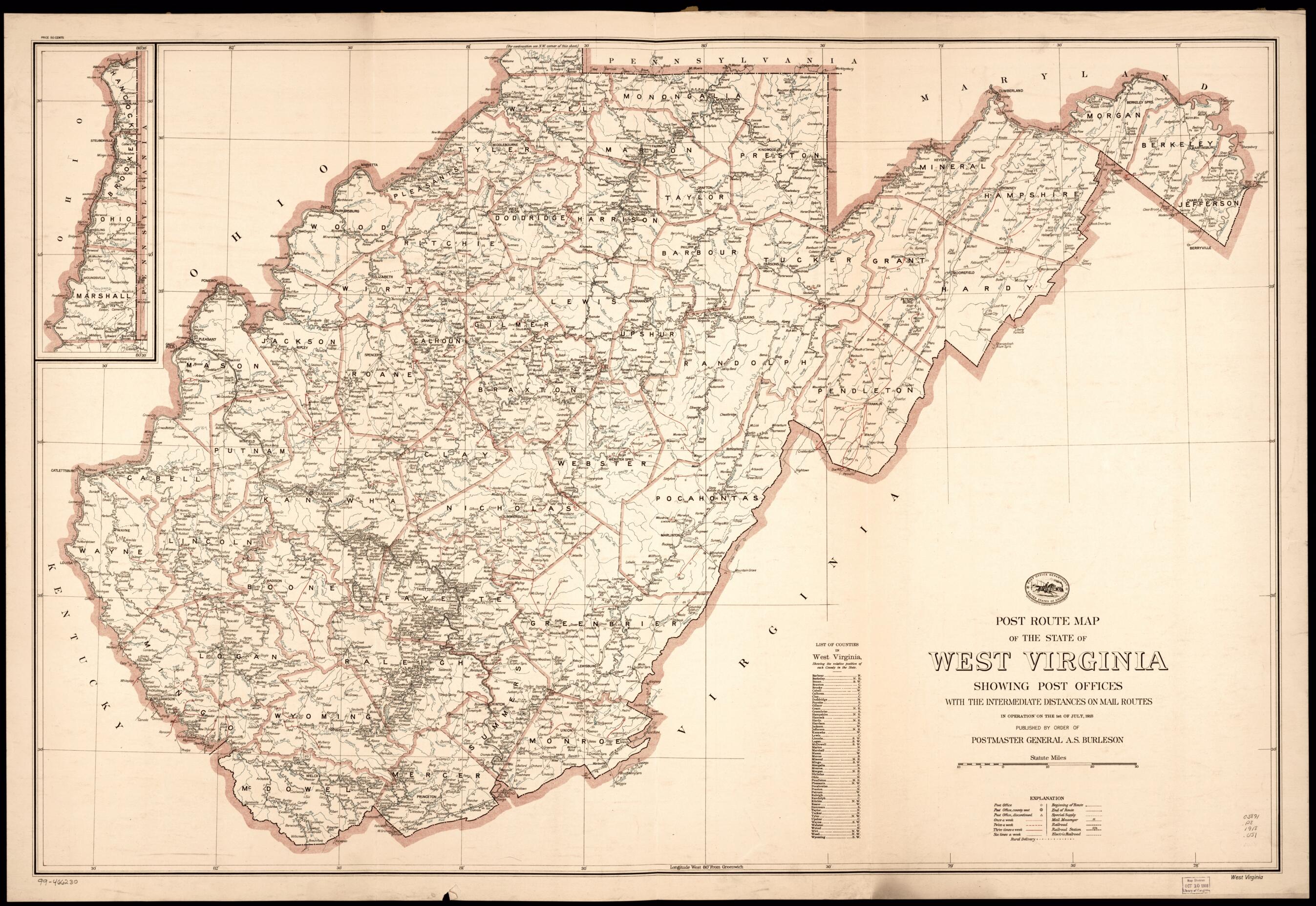 This old map of Post Route Map of the State of West Virginia : Showing Post Offices With the Intermediate Distances On Mail Routes In Operation On the 1st of July from 1918 (West Virginia) was created by  United States. Post Office Department in 1918