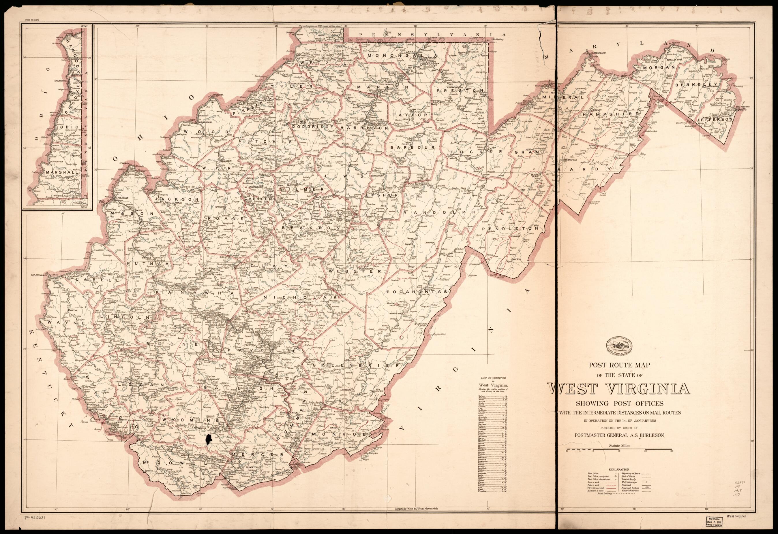 This old map of Post Route Map of the State of West Virginia : Showing Post Offices With the Intermediate Distances On Mail Routes In Operation On the 1st of January from 1918 (West Virginia) was created by  United States. Post Office Department in 1918