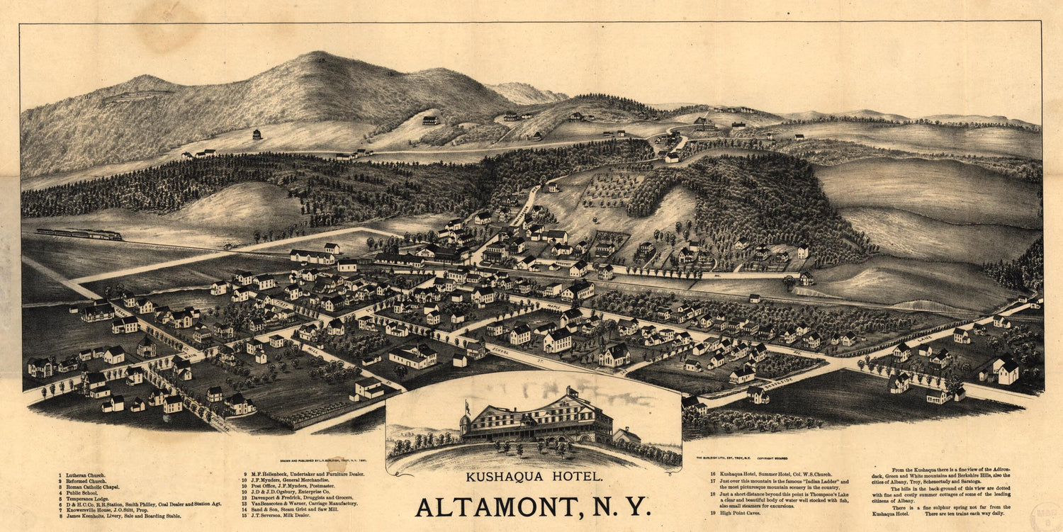 This old map of Altamont, New York (View of Kushaqua Hotel and Its Surroundings, Altamont, N.Y.) from 1890 was created by  Burleigh Litho, L. R. (Lucien R.) Burleigh in 1890