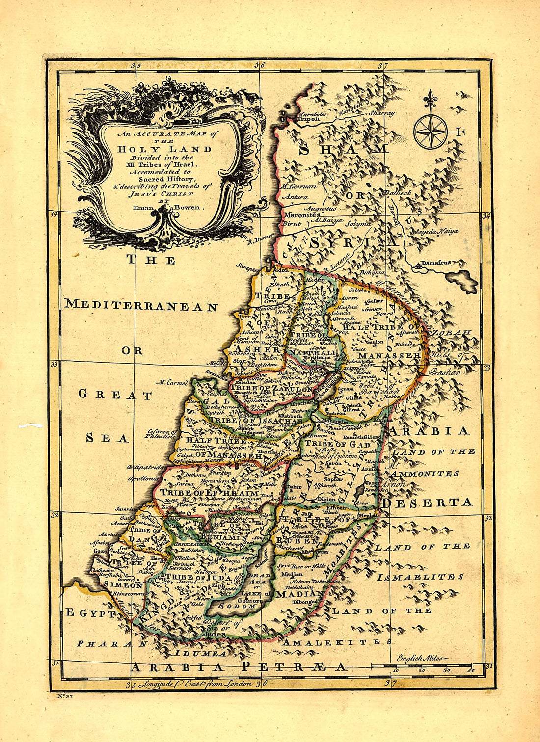 This old map of An Accurate Map of the Holy Land Divided Into the XII Tribes of Israel. Accomodated to Sacred History, &amp; Describing the Travels of Jesus Christ from 1752 was created by Emanuel Bowen in 1752