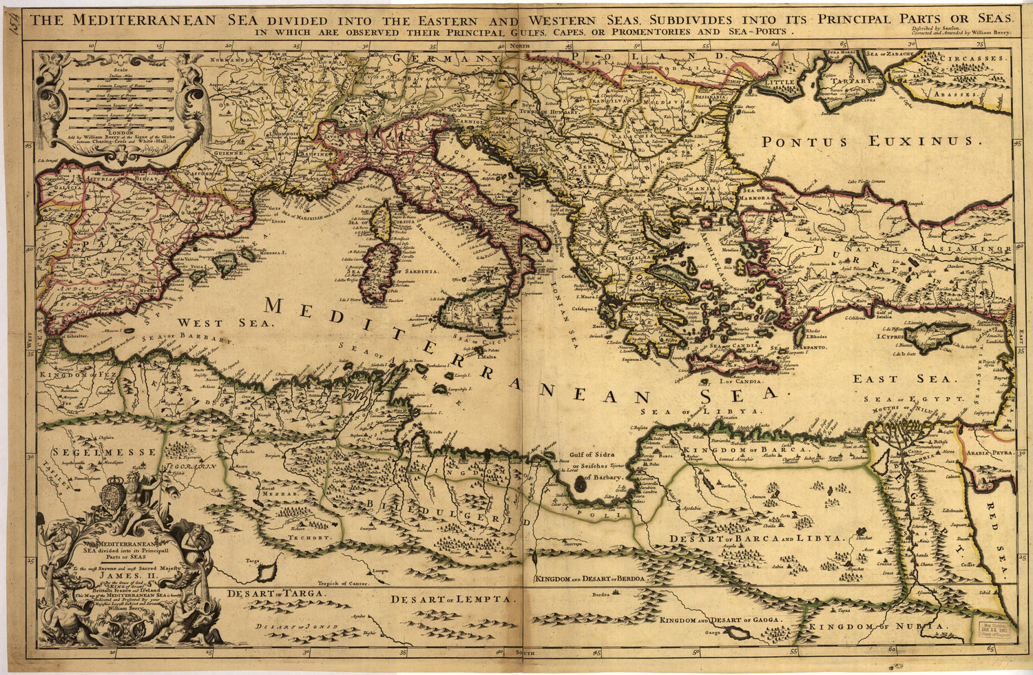 This old map of Mediterranean Sea Divided Into Its Principall Parts Or Seas from 1680 was created by William Berry, Nicolas Sanson in 1680