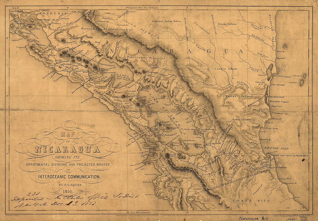 This old map of Map of Nicaragua Showing Its Departmental Divisions and Projected Routes of Interoceanic Communication from 1851 was created by  Sarony &amp; Major in 1851